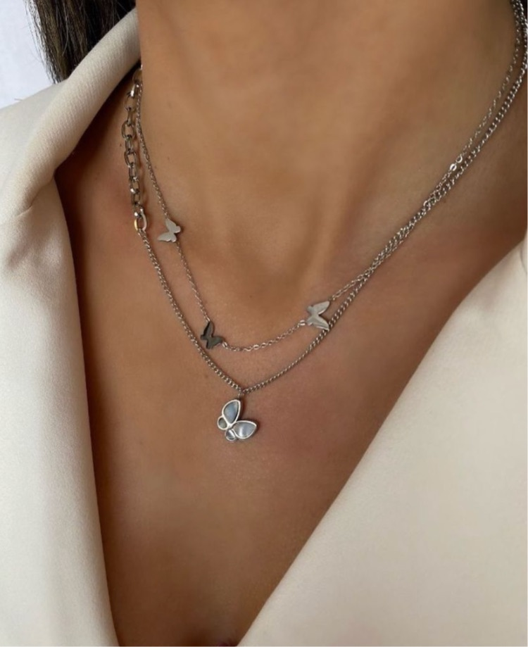 İkili kelebek detaylı kolye